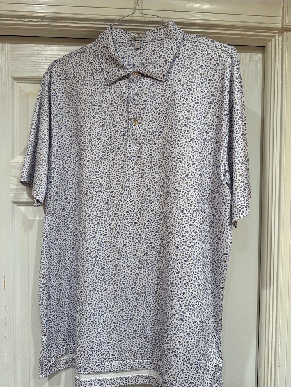 Peter Millar White Polo with Blue Micro Dot Pattern